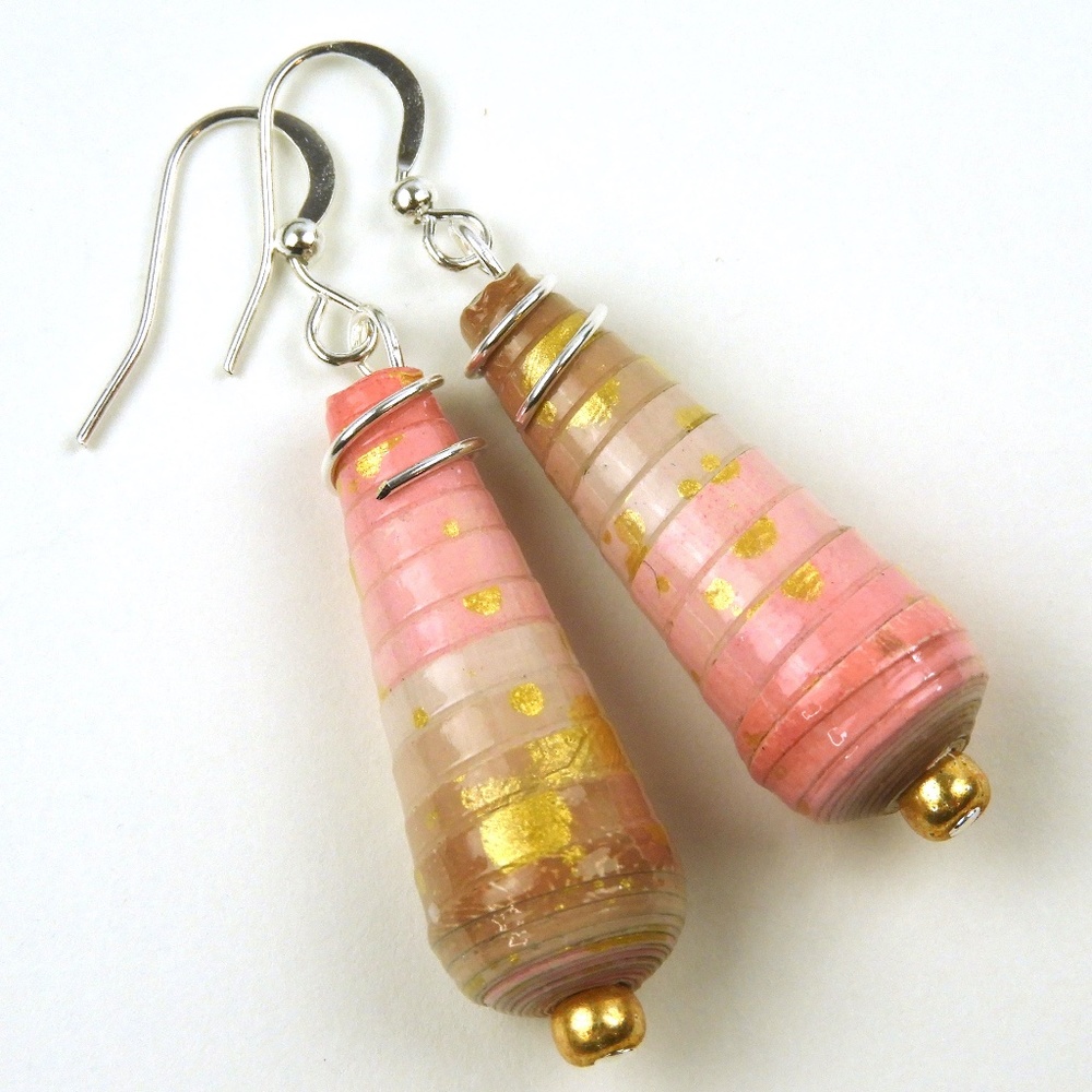 Pink & Taupe Ombre Hand Painted Upcycled Paper Bead Earrings